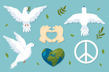 Peace Symbols Set With Pigeon, Earth, Arms With Love Sign, Doves Different Postures With Olive Brunch