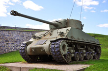 WWII M4 Sherman Tank At La Citadelle Of Quebec National Historic Site In Old Quebec City, Quebec QC, Canada. The Fortress Is In Historic District Of Old Quebec World Heritage Site. 