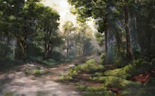 A Painting Of A Path With Trees On Both Sides
