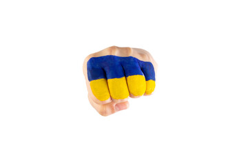 Fist with Ukraine flag broke white paper wall and torn a hole. Punch through the wall. Street fight and self defense. Concept of stop war, independence of Ukraine. Patriotism and love for the country.