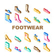 Footwear Fashionable And Luxury Icons Set Vector. Moonwalkers And Rubber Boots, Sneakers And Slippers, Moccasins Sandals Footwear For Comfortable Walk Run. Shoes Isometric Sign Color Illustrations
