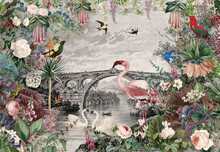 Wallpaper Jungle And Tropical Forest Flamngo And Tropical Birds, Drawing Vintage 