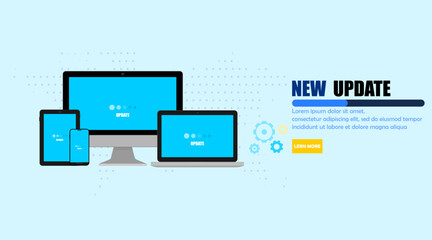 New updates for devices, computers, laptops, tablets and smartphones with recommendations.Vector illustration design for web banners and homepages.Flat design.