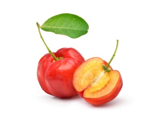 Wall Mural - Juicy red Acerola cherry with cut in half isolated on white background.