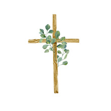 Hand Painted Cross Clipart, Watercolor Christian Wooden Cross With Florals Eucalyptus Bouquet, Baptism Cross, Holy Spirit, Easter Religious Illustration