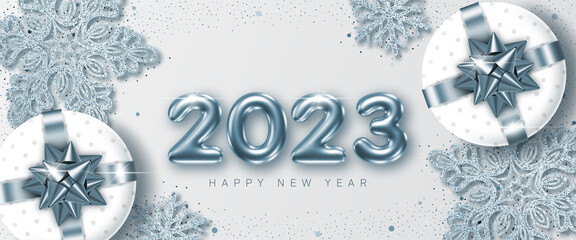 Wall Mural - 2023 New Year card template with 3d numbers, glittering decorative snowflakes and gift boxes