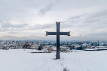Cross On Bagrati Hillside With View On Kutaisi City.