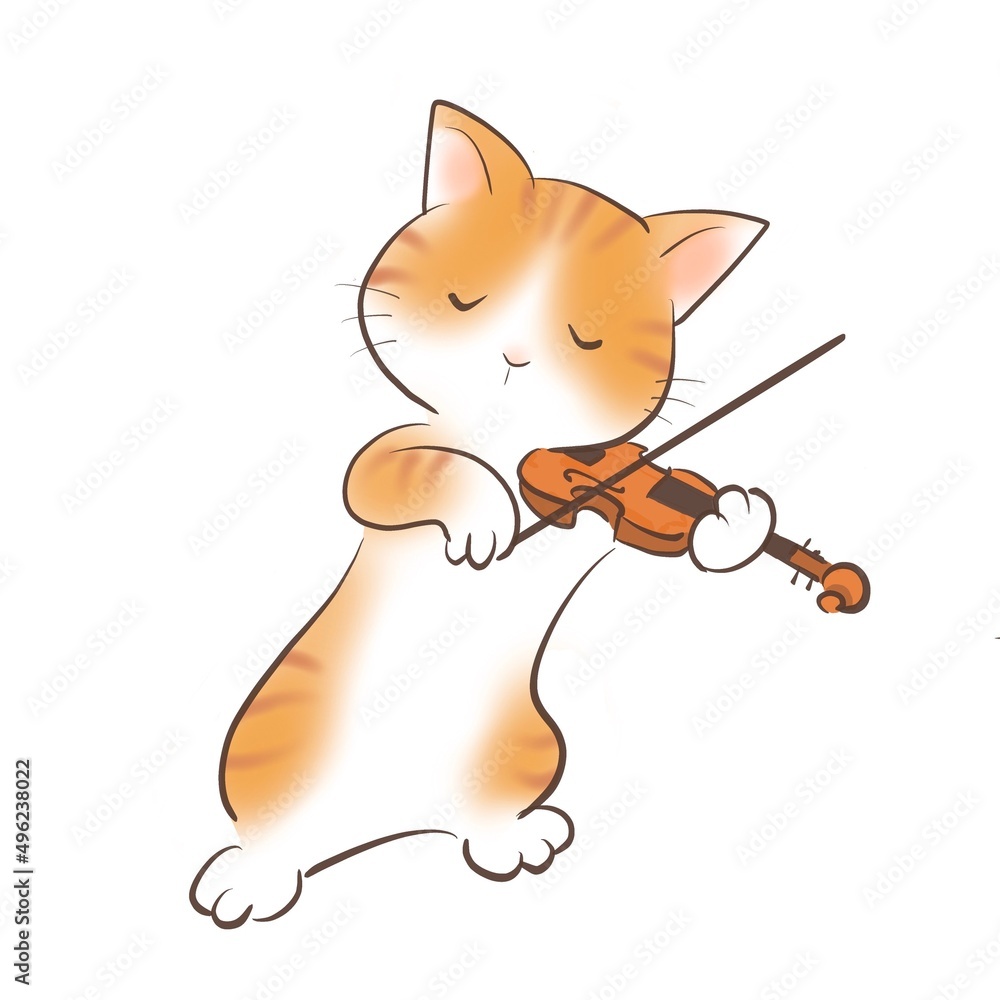 ねこが楽しそうにバイオリンを弾いているイラスト の Stock イラスト