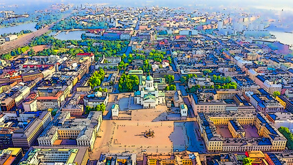 Wall Mural - Helsinki, Finland. City center aerial view. Helsinki Cathedral. Senate square. Bright cartoon style illustration. Aerial view