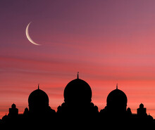 After Sunset Mosque. Landscape With Beautiful Mosques And Minarets. Place Your Text Here. Ramadan Kareem. High Quality Photo