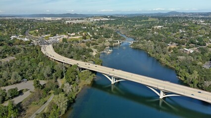 View of the American River as it winds through the city of Folsom, California.