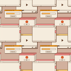 Old computer aesthetic seamless pattern. Retro screen panel with user interface elements. Message windows with buttons, dialog box and error. 1980s 1990s nostalgia background. Vector illustration.