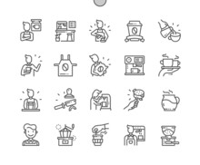 Barista. Making Coffee. Coffee Grinder. Portafilter. Pixel Perfect Vector Thin Line Icons. Simple Minimal Pictogram