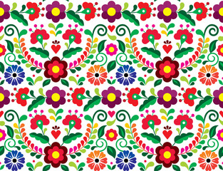 Wall Mural - Seamless vector pattern with Mexican floral morif, textile or fabric print design inspired by traditional embroidery crafts from Mexico
 