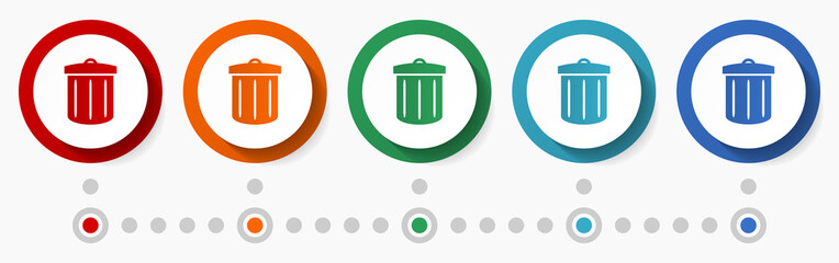Leinwandbilder - Trash can concept vector icon set, flat design colorful buttons, infographic template in 5 color options