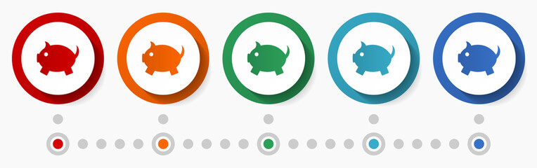 Aufkleber - Pig, animal concept vector icon set, flat design colorful buttons, infographic template in 5 color options