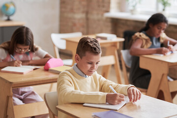 High angle portrait of cute schoolboy sitting at desk in classroom with wooden decor, copy space