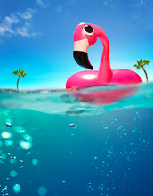 Inflatable Flamingo Rubber Buoy And Pool Underwater Split Photo