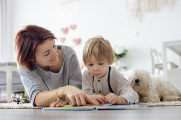 Sticker - Cute blond preschool child, blond boy with pet maltese dog, reading book at home with mother