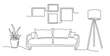 Continuous Line Interior With Sofa, Plant, Lamp And Frames For Photo. One Line Drawing Of Living Room With Modern Furniture Editable Stroke. Single Line. Handdraw Contour. Flower In Pot. Doodle Vector