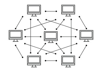Leinwandbilder - P2p online system laptop icon linked network design vector illustration template. Blockchain crypto currency smart contract protocol contain global cryptography hash, transaction data document.