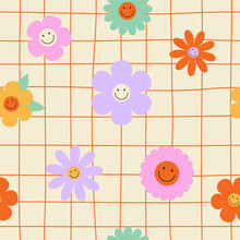 Seamless Vector Pattern With Colorful Groovy Flowers And Smiling Faces. 70s, 80s, 90s Vibes Plaid Background. Abstract Daisy And Camomile Emoji On Squares. Vintage Nostalgia Elements