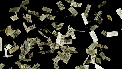 Hundred dollars banknotes fly on black background