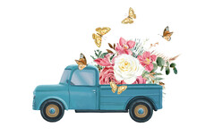 Watercolor Illustration Of Summer Truck With Boho Flowers And Butterfly On White Background