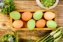 Chicken Eggs In The Country. Natural Ingredients, Organic Eggs For Picnic And Easter. White, Brown And Green Eggs. Copy Space. Egg Farm	