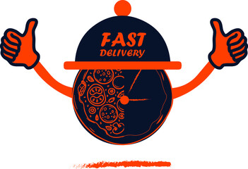 The original vector emblem of fast food  establishments and delivery pizza. Slice of pizza and clock.