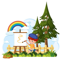 Wall Mural - Isolated outdoor park with a boy drawing on canvas