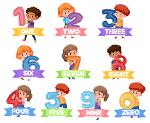 Wall Mural - Set of different children holding the numbers isolated on white background