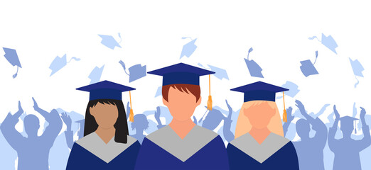Wall Mural - Graduate girls in mantle and academic square cap on background of cheerful group of graduates throwing their academic square caps. Graduation ceremony. Vector illustration