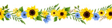 Horizontal Seamless Border With Blue And Yellow Sunflowers, Cornflowers, Dandelion Flowers, Gerbera Flowers, Ears Of Wheat, And Green Leaves. Vector Illustration