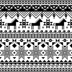 Wall Mural - Ukrainian Hutsul Pysanky vector seamless pattern with horses and stars, folk art Easter eggs repetitive design in black and white
