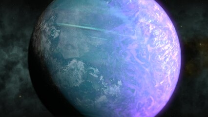 Wall Mural - Close up journey towards unexplored rotating super earth like exoplanet in distant space, CGI, universe
