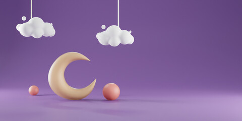 Wall Mural - Ramadan Kareem celebration with 3D rendering illustration of a crescent moon and hanging clouds against a night sky background.