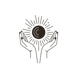 Woman hand logo with star, moon, sun in simple line flat boho style isolated on white background. Abstract minimal female symbol for beauty design. Magic astrology modern illustration