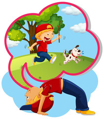 Wall Mural - Boy thinking of playing with dog in garden