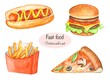 Set of watercolor illustrations of fast food, hot dog, burger, french fries, pizza