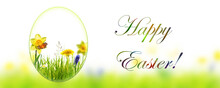 "happy Easter" Text On White Background, Abstract Floral Springtime Meadow Idyll With Easter Egg, Easter Decor Concept For Shopping Or Advertising, Fresh Cheerful Spring Colors
