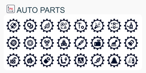 Wall Mural - A set of vector icons and logos with car parts, batteries, transmissions, electrical equipment, engines and other special equipment. Car service. Auto parts store. Flat design.