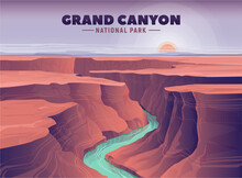 Grand Canyon And Colorado River. Vector Illustration. United States Landmarks.