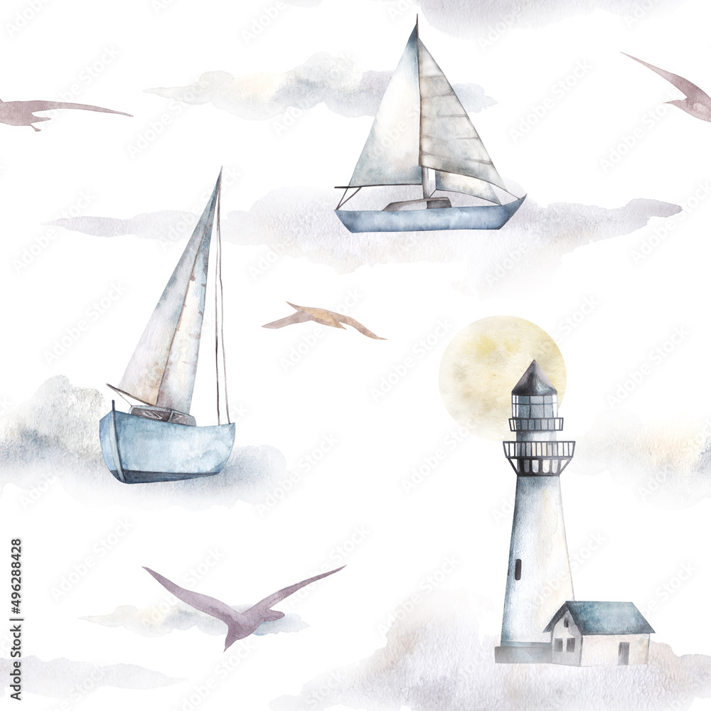 Watercolor nautical seamless pattern with lighthouse, sailing ship ...