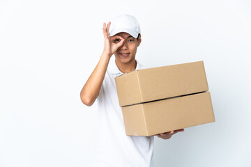 Poster - Delivery Chinese man isolated on white background showing ok sign with fingers