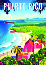 Puerto Rico Travel Poster. Beautiful Landscape With Boats, Beach, Palms And Sea In The Background. Handmade Drawing Vector Illustration.