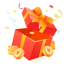 Opened gift box with gold coins and ribbons, vector illustration