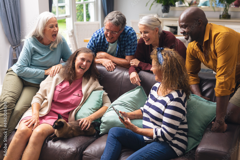 Cheerful multiracial senior male and female friends having fun at home ...
