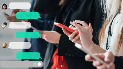 mobile app. social media chat. virtual communication. digital lifestyle. business people using phone