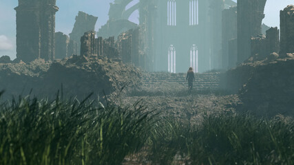 Wall Mural - Woman with long red hair in a black dress walks at an misty ancient dilapidated cathedral. 3D render.